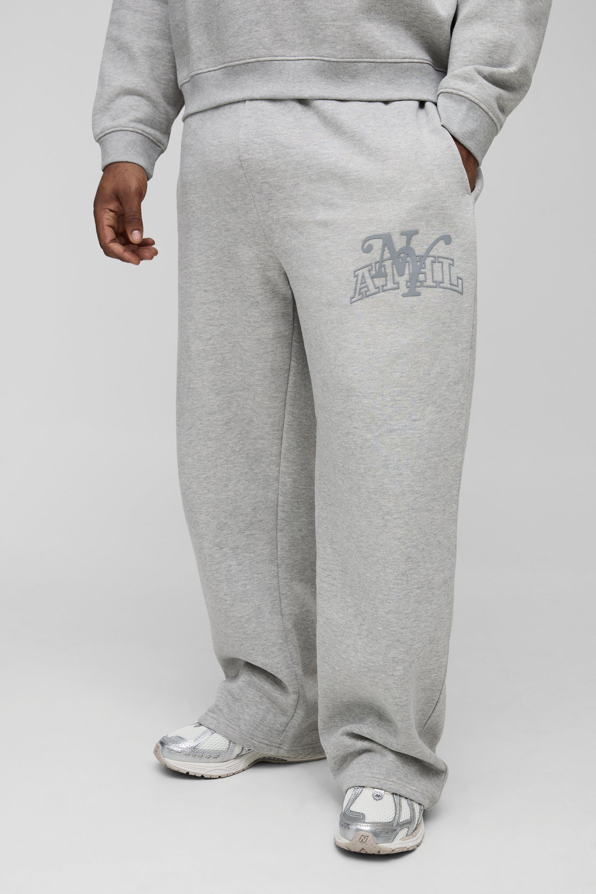 Mens Grey Plus Tonal Varsity Relaxed Fit Joggers, Grey